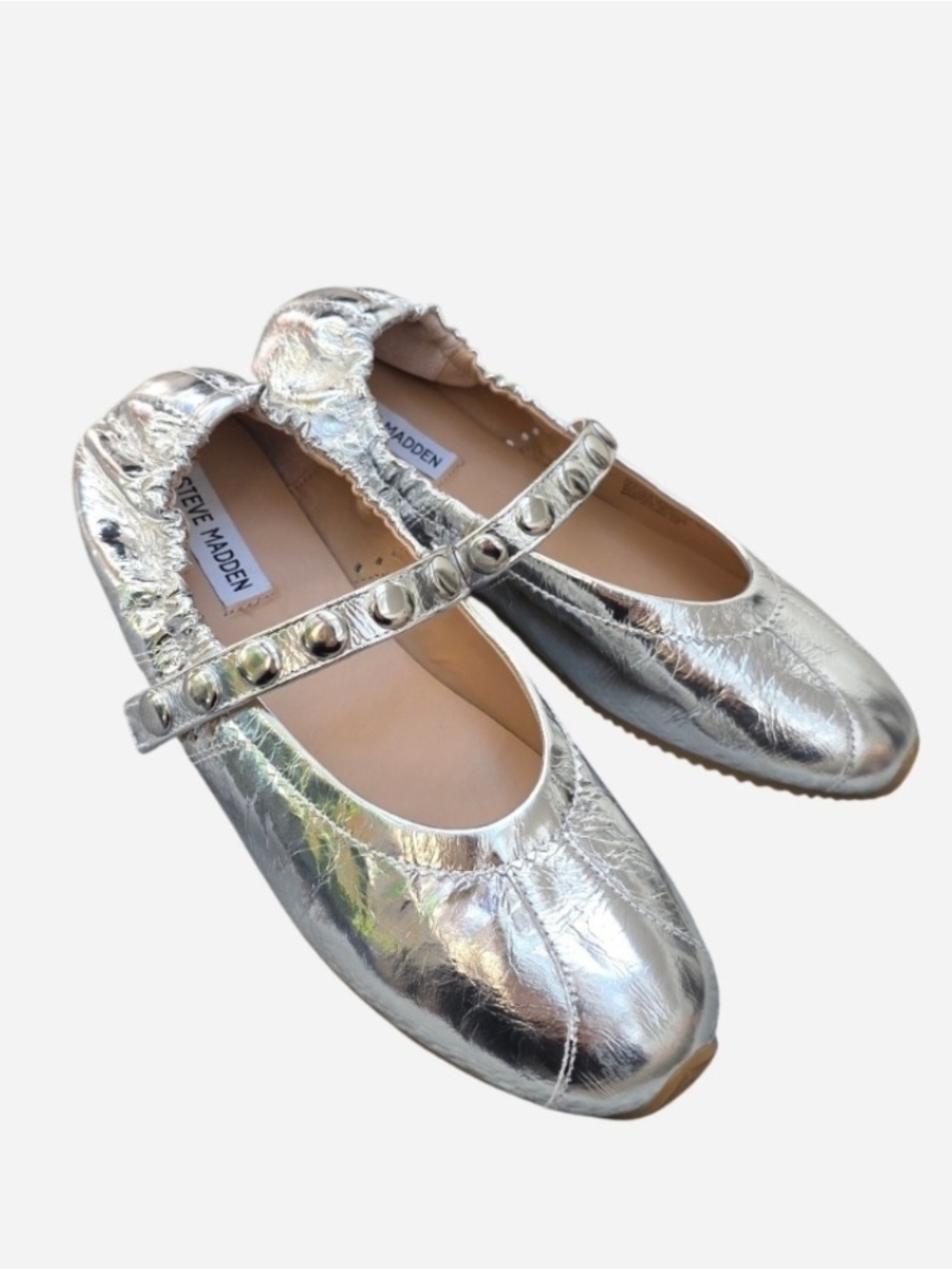NWOT Steve Madden Leather Metallic Silver Mary Jane Sneaker Ballet Flats, Sz 8